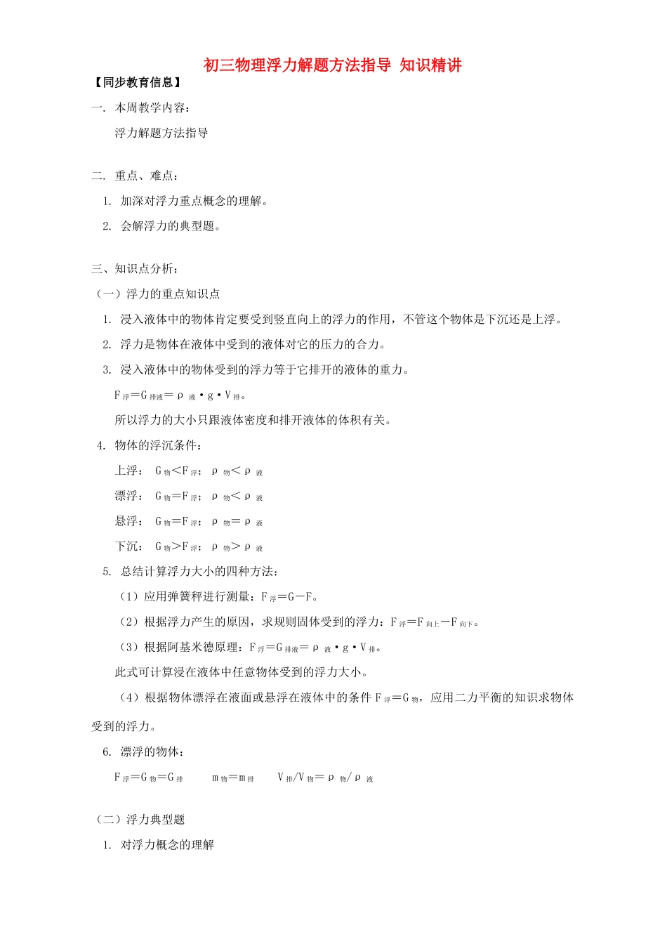 初三物理浮力解题方法指导 知识精讲 人教实验版 试题_第1页