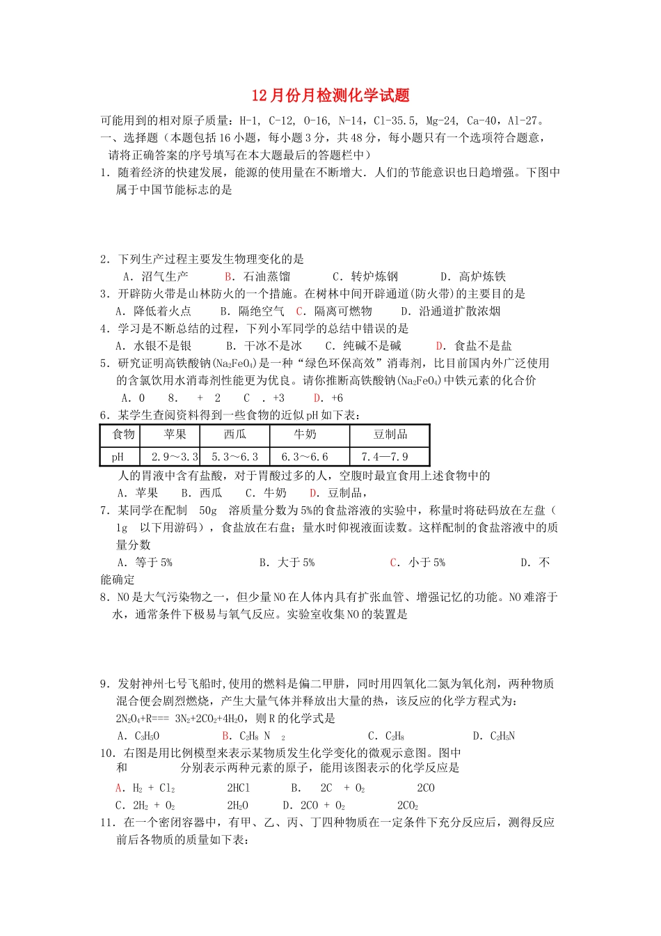 九年级化学12月份月检测化学试卷 沪教版试卷_第1页