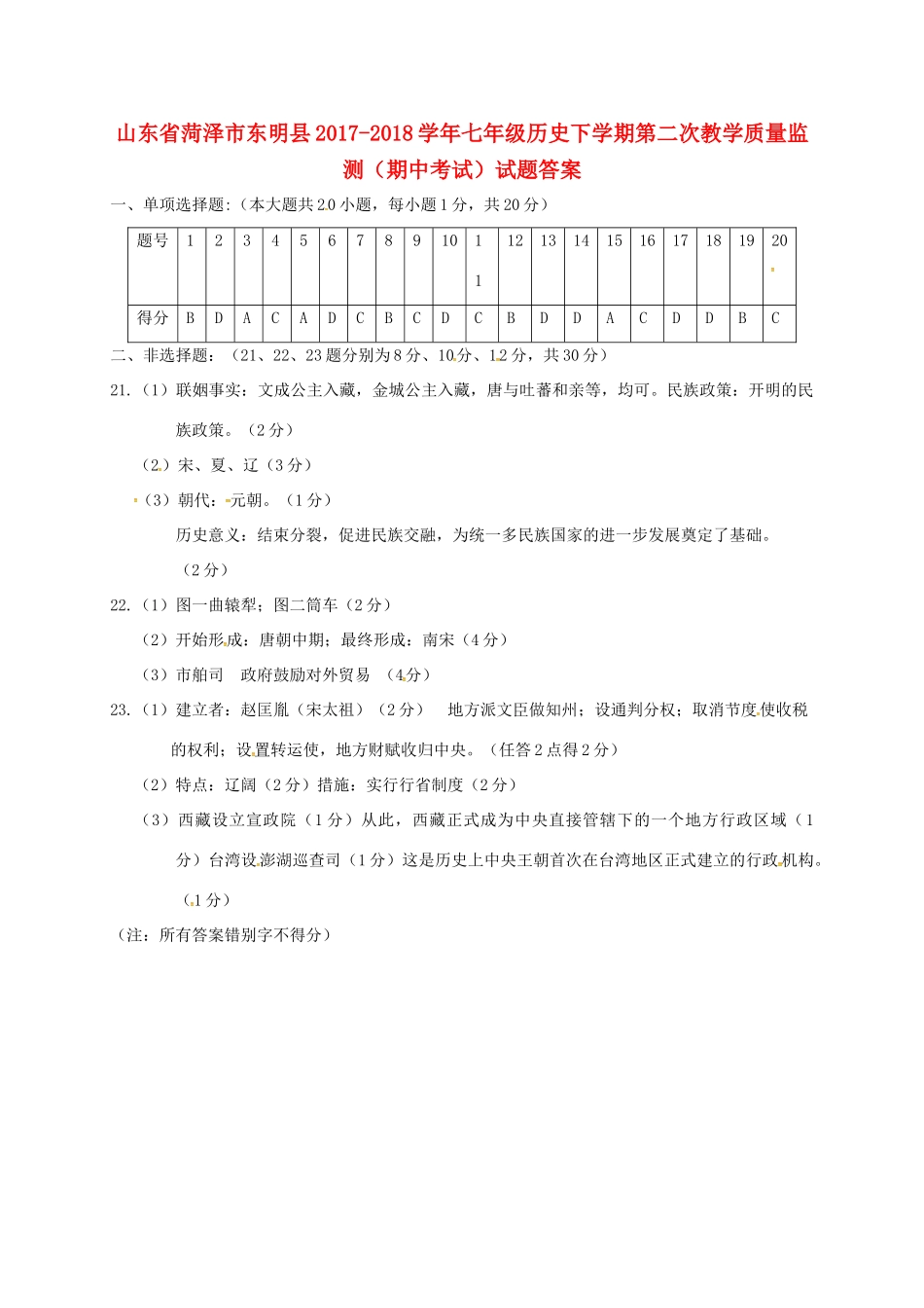 九年级历史下学期第二次教学质量监测(期中考试)试卷答案 山东省菏泽市东明县七年级历史下学期第二次教学质量监测(期中考试)试卷(pdf)_第1页