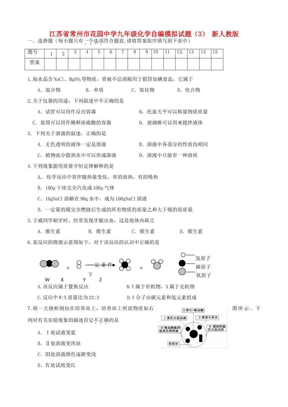 九年级化学自编模拟试卷(3) 新人教版试卷_第1页