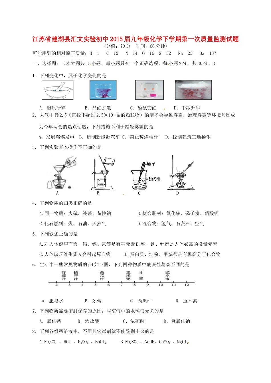九年级化学下学期第一次质量监测试卷试卷_第1页