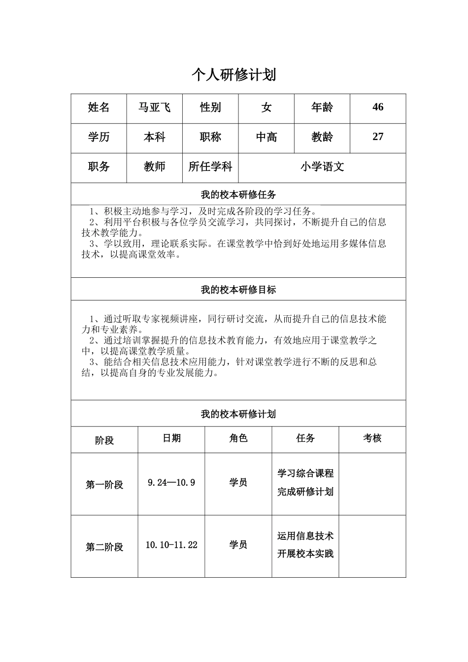 马亚飞个人研修工作计划_第1页