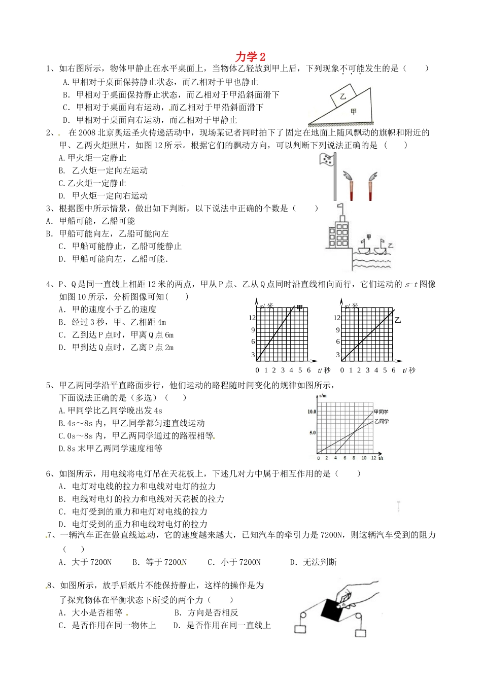 中考物理专题复习 力学(二，无答案)试卷_第1页