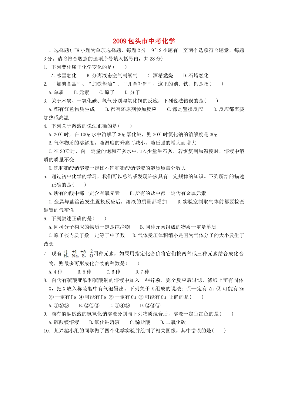 内蒙古包头市中考真题化学试题_第1页