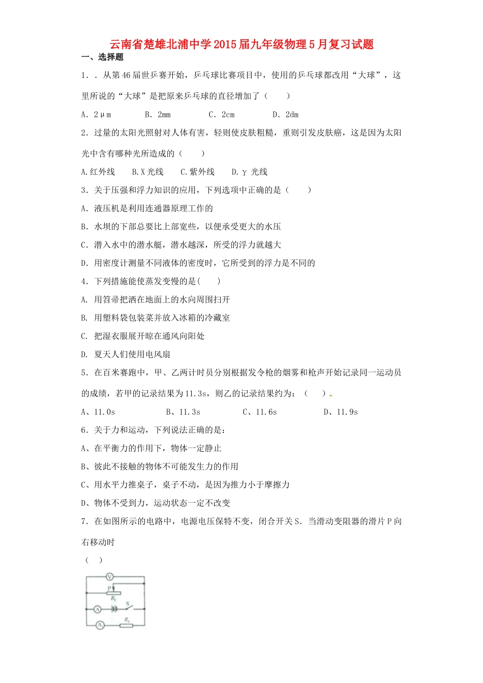 九年级物理5月复习试卷试卷_第1页