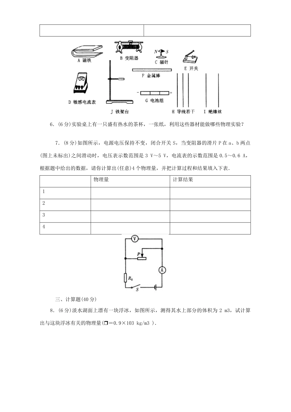 中考物理专题训练七 开放性试卷 新课标 人教版试卷_第2页