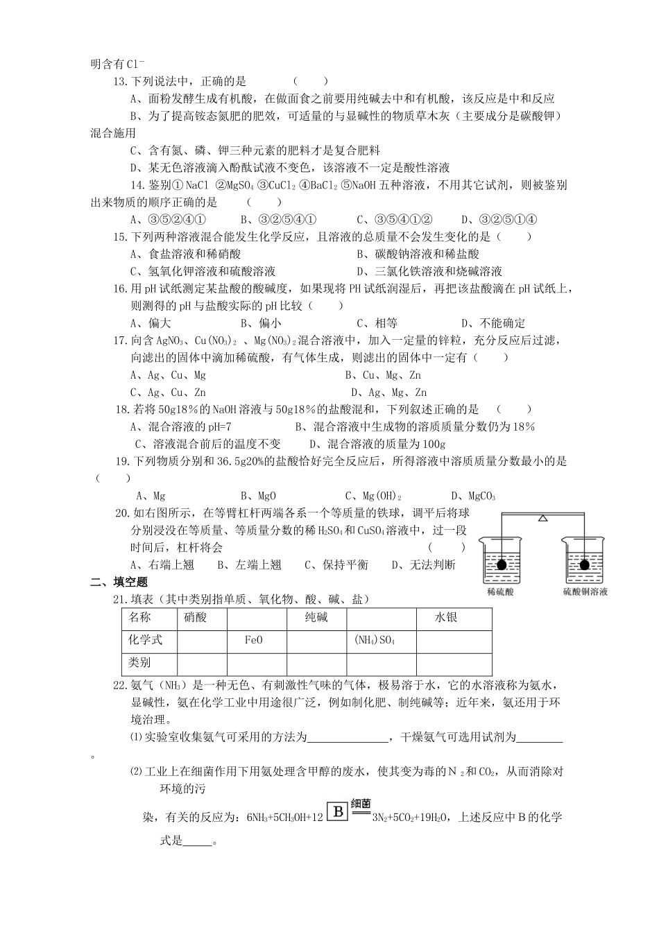 初三化学素质与能力训练 应用广泛的酸 碱 盐 单元自测A 试题_第2页