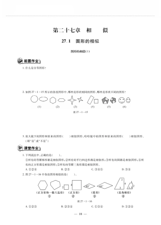 九年级数学下册 第二十七章 相似 271图形的形似 图形的形似(1)作业(pdf，无答案)(新版)新人教版试卷