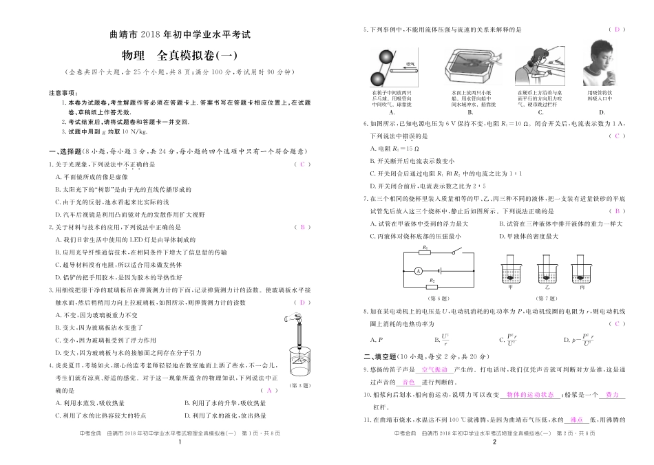中考物理全真模拟试卷(一)(pdf)试卷_第1页