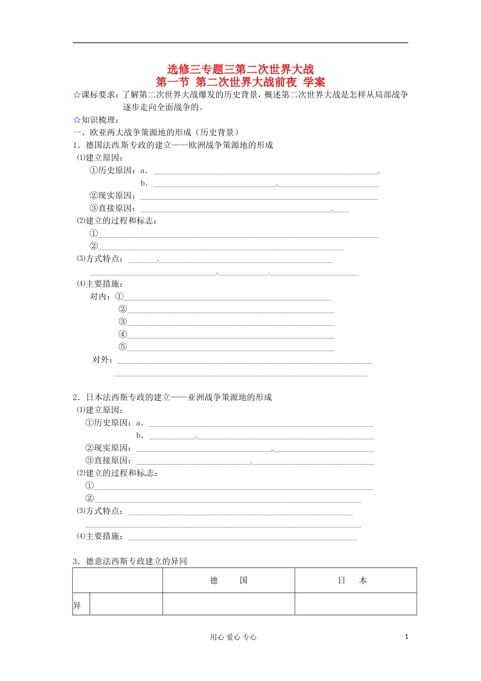 2012届高三历史冲刺教学-专题三第二次世界大战前夜学案1-人民版选修3_第1页