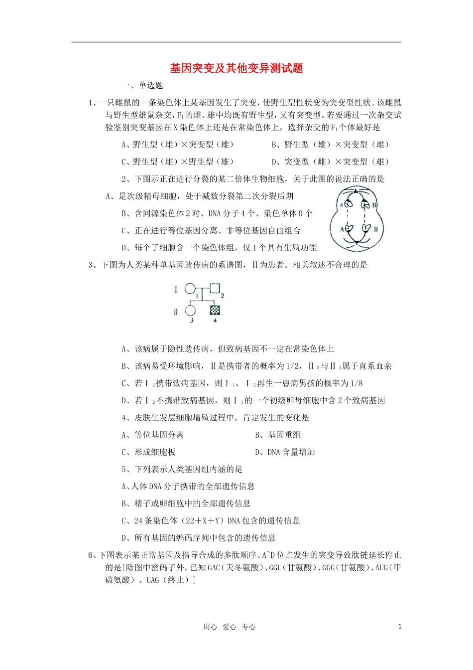 高一生物-基因突变及其他变异测试题_第1页