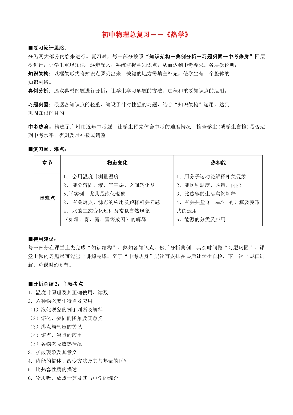 中考物理专题复习(热学专题) 沪科版试卷_第1页