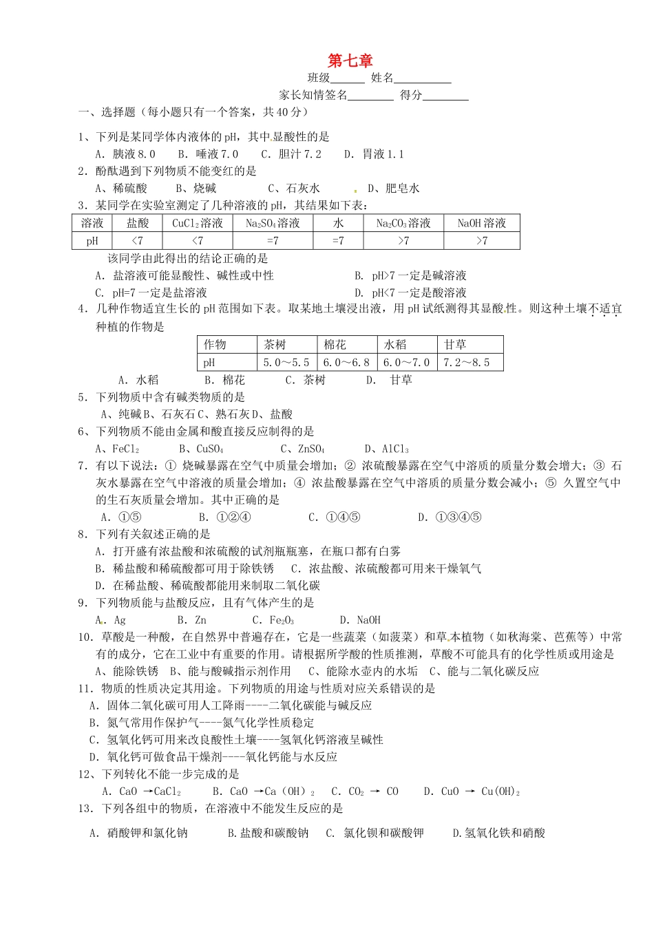 九年级化学全册 第7章(应用广泛的酸、碱、盐)单元综合检测题(新版)沪教版试卷_第1页
