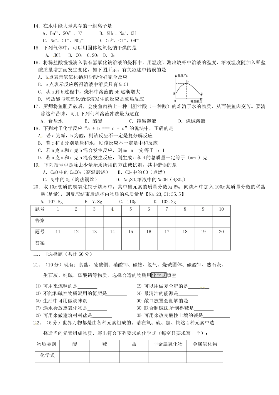 九年级化学全册 第7章(应用广泛的酸、碱、盐)单元综合检测题(新版)沪教版试卷_第2页