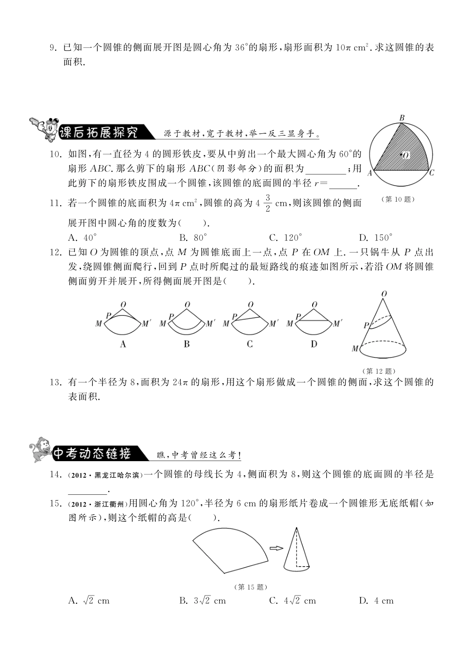 九年级数学下册 38 圆锥的侧面积测试卷(pdf) 北师大版试卷_第2页