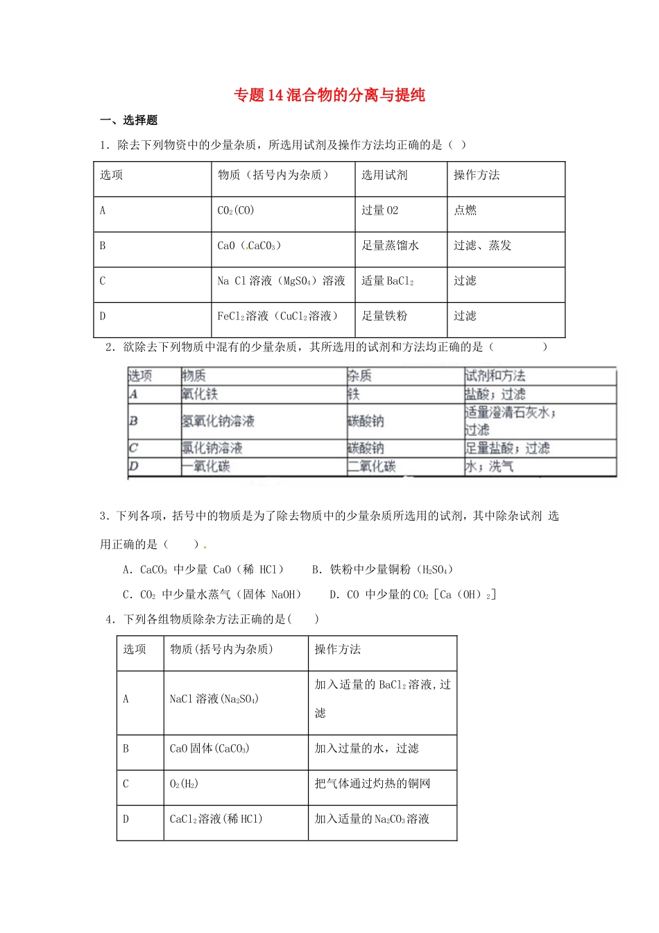 决胜中考化学压轴题揭秘 专题14 混合物的分离与提纯(预测题，无答案) 试题_第1页
