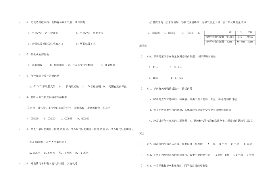 中考生物专题复习7 人体的呼吸试卷_第2页