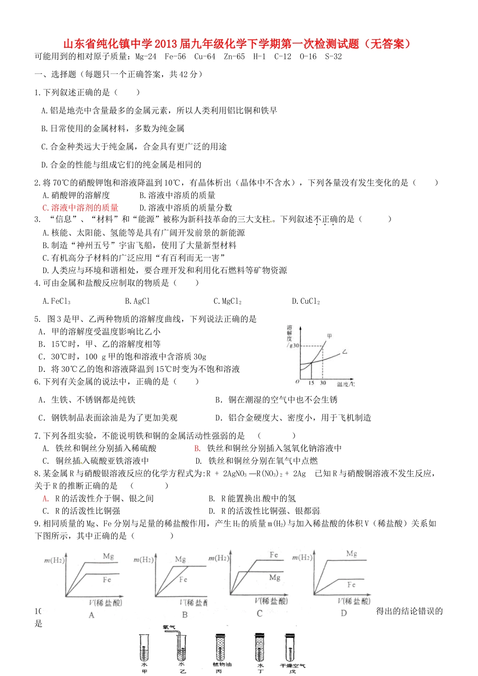 九年级化学下学期第一次检测试卷试卷_第1页