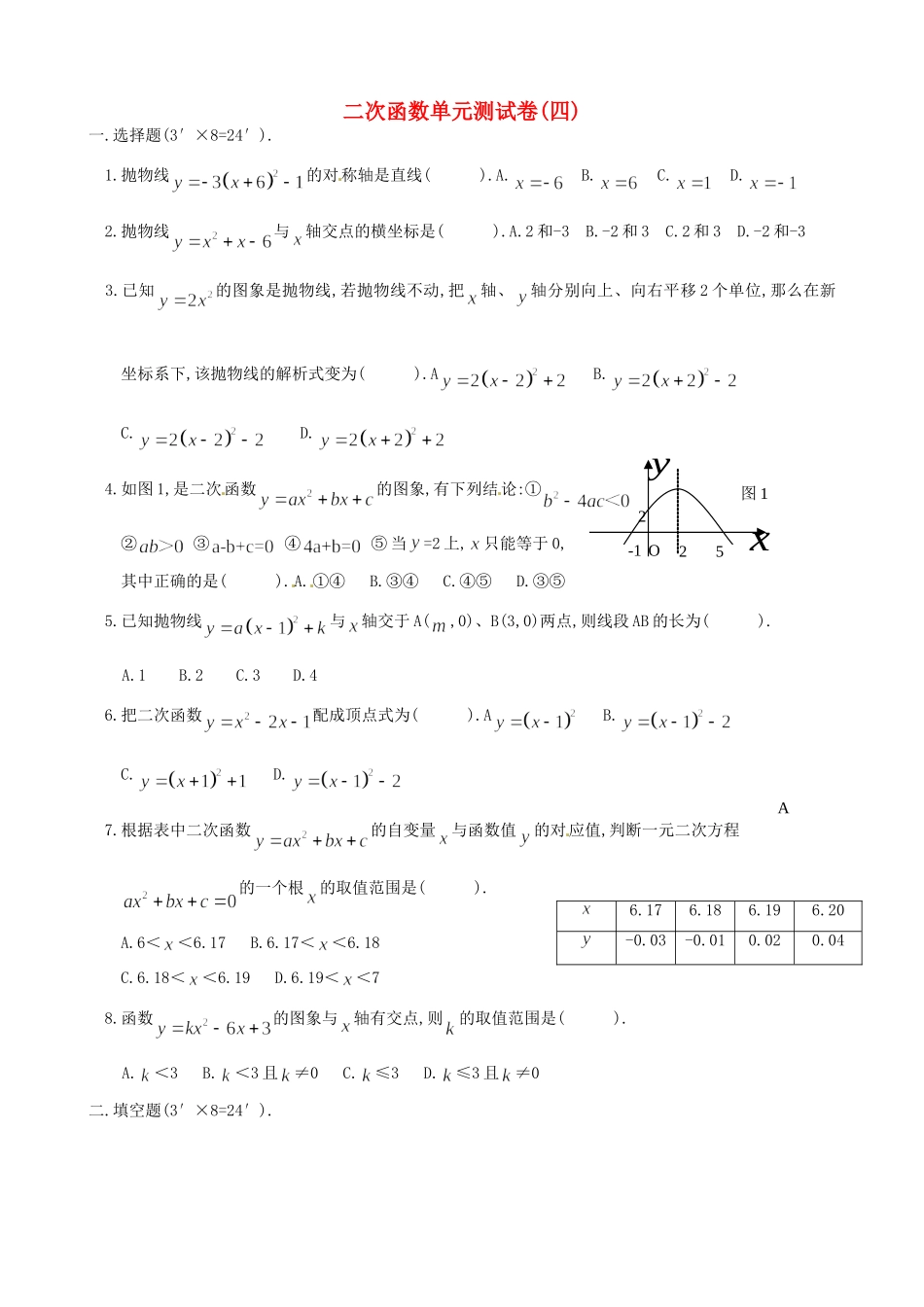 九年级数学(二次函数)单元检测(4) 人教新课标版试卷_第1页