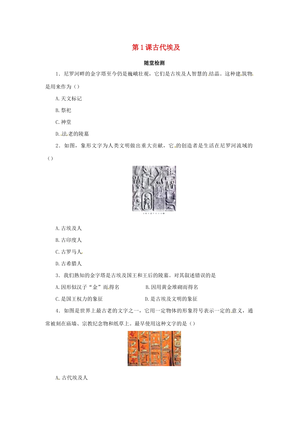 九年级历史上册 第一单元 古代亚非文明 11 古代埃及随堂检测 新人教版试卷_第1页