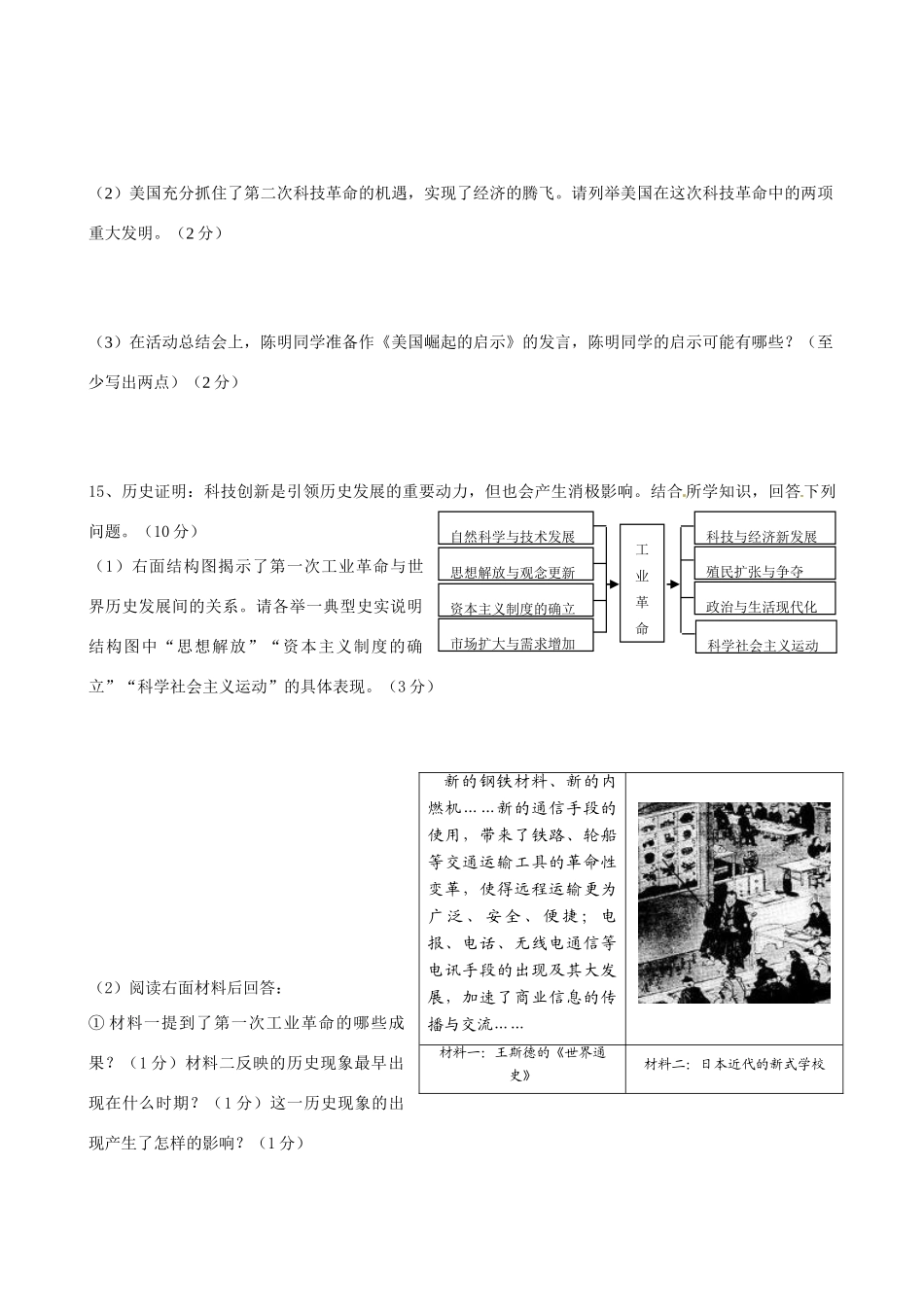 九年级历史上学期第二次月考(答案不全) 人教新课标版试卷_第3页