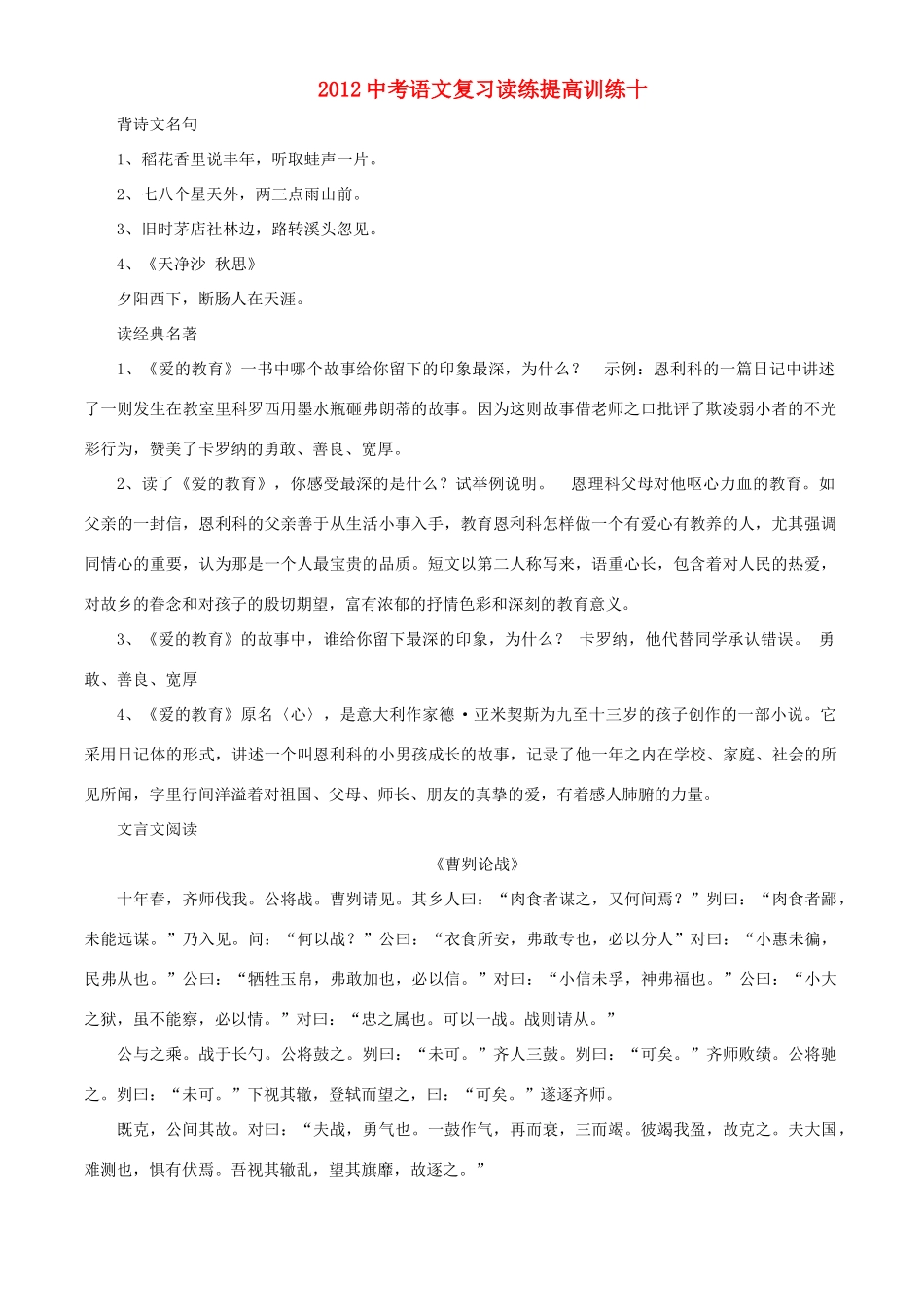 中考语文二轮复习冲刺训练十试卷_第1页