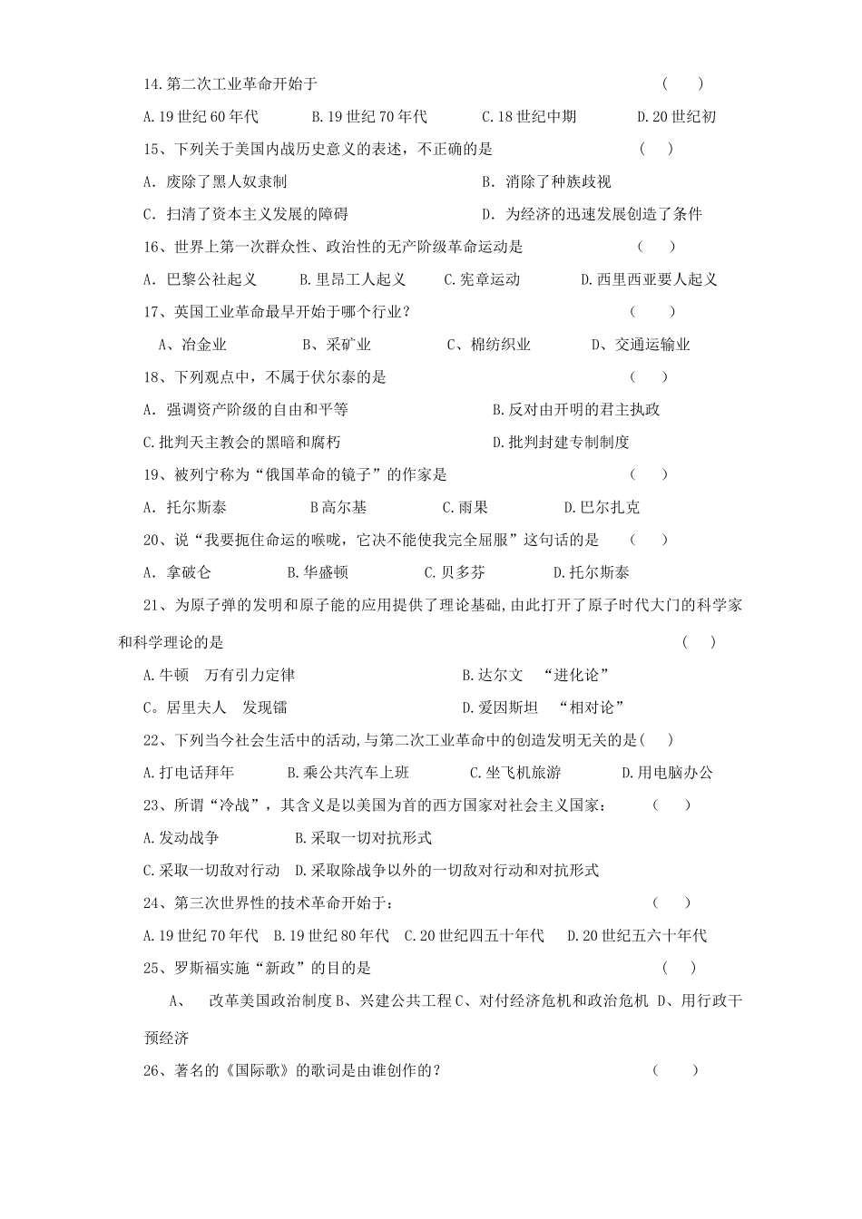 九年级世界历史复习检测试卷 人教版试卷_第2页