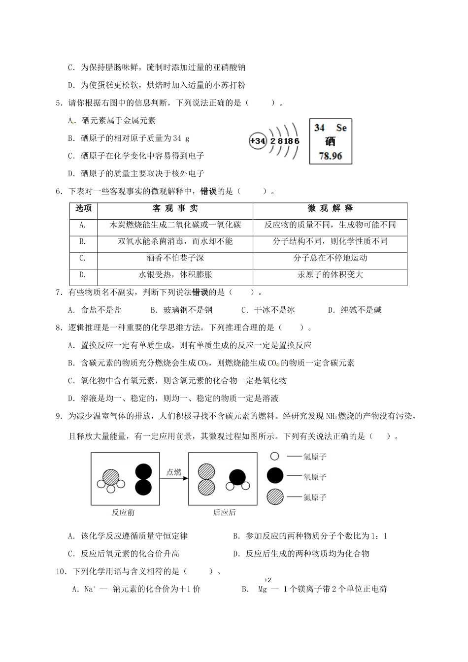 九年级化学下学期第二次模拟考试试卷试卷_第2页
