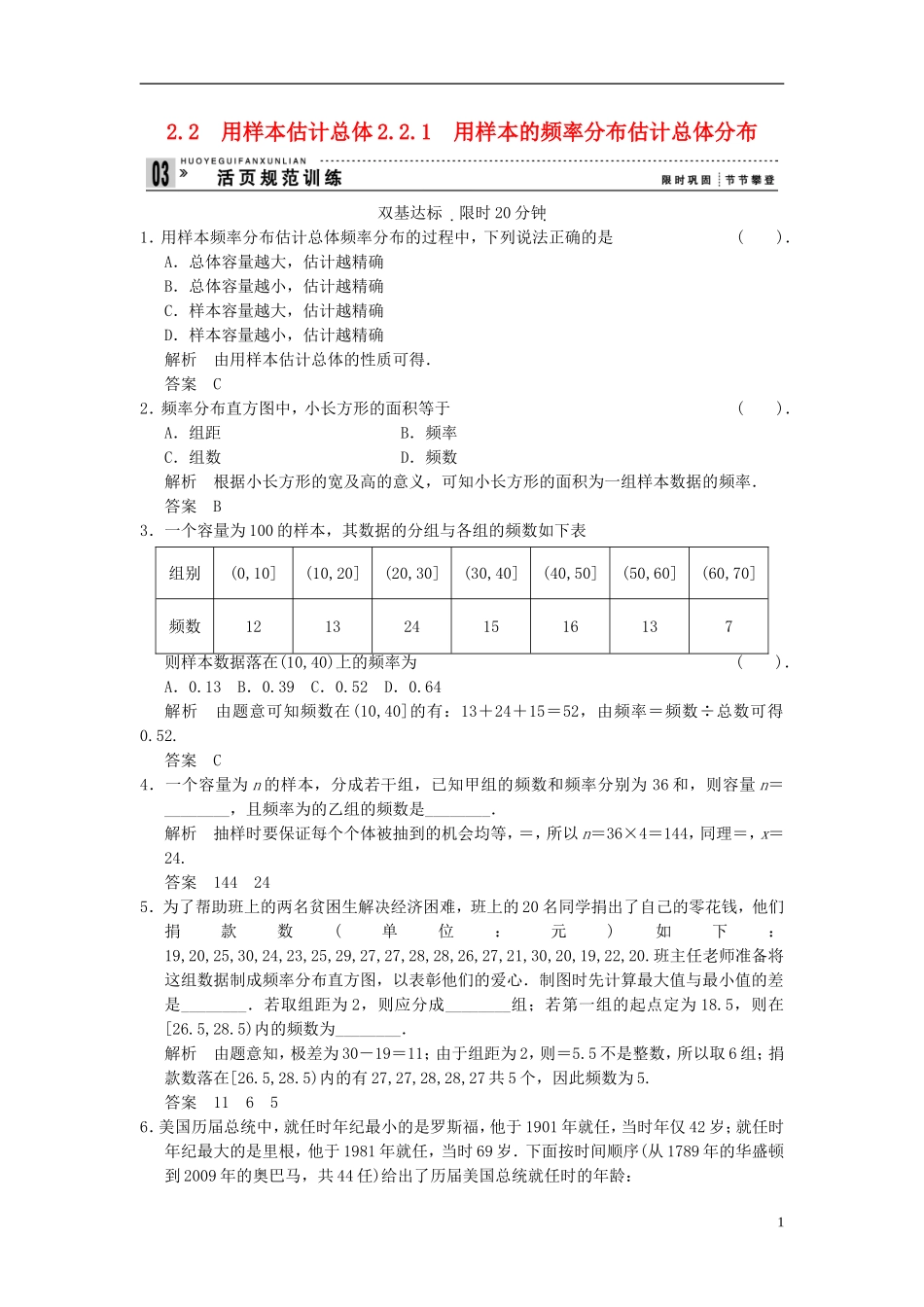 山东省高中数学《2.2.1用样本的频率分布估计总体分布》训练评估-新人教A版必修3_第1页