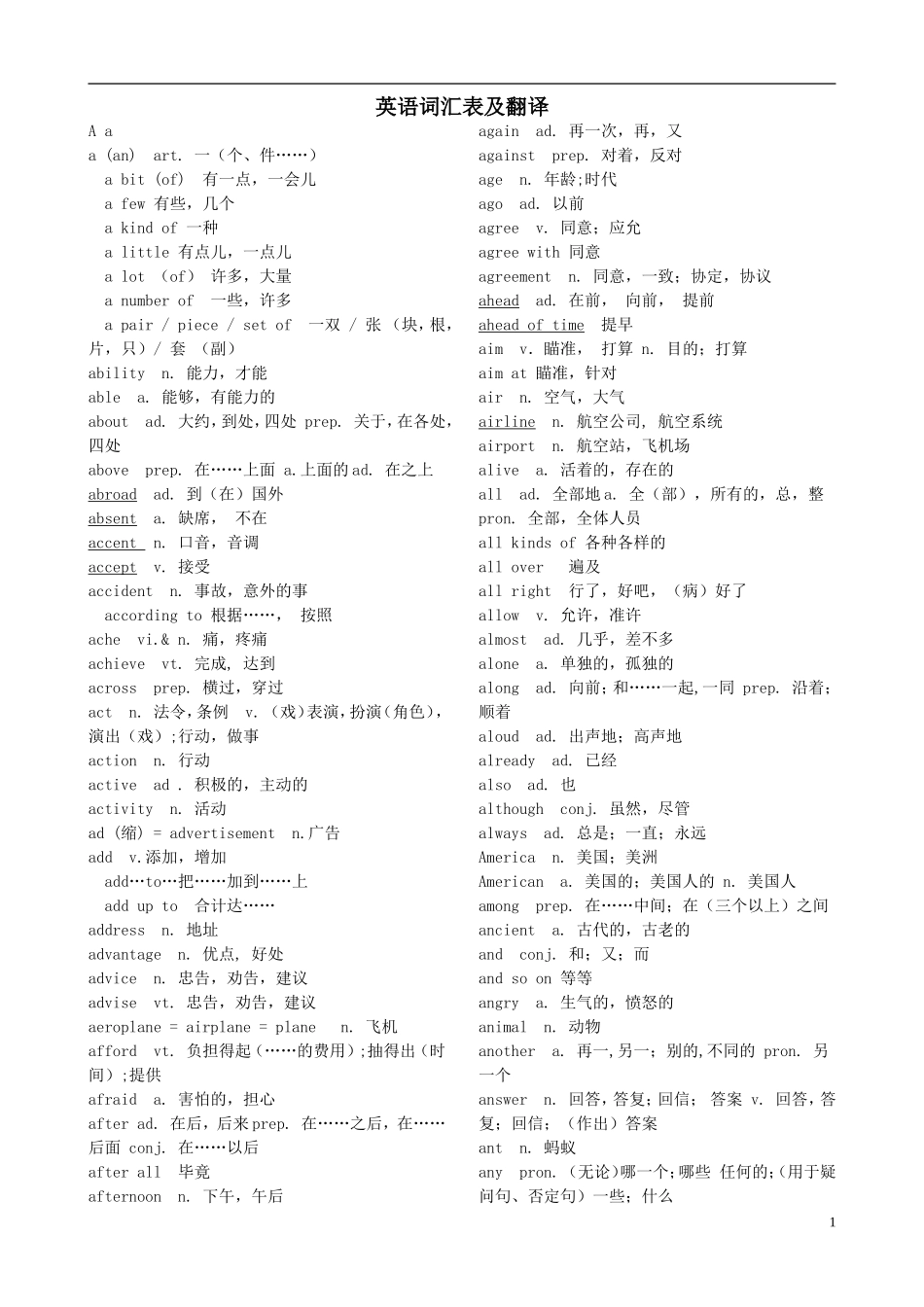 初中英语词汇表及翻译_第1页