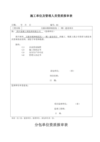 施工单位及管理人员资质报审表