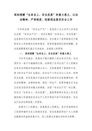 深刻理解“生命至上、安全发展”的重大意义以法治精神、严密制度、创新观念落实安全工作