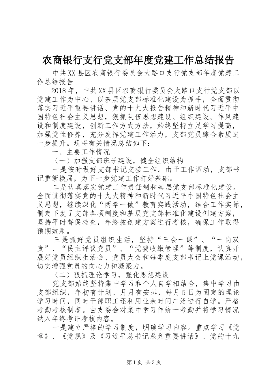 农商银行支行党支部年度党建工作总结报告 _第1页