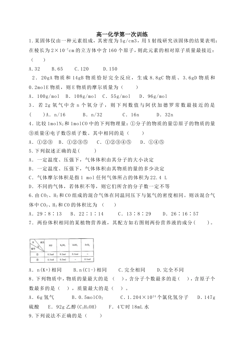 高一化学第一次训练_第1页