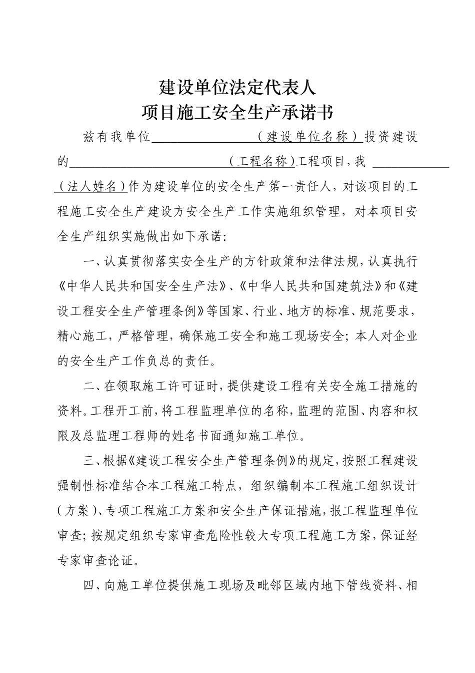 建设单位法定代表人和项目负责人安全生产承诺书_第1页