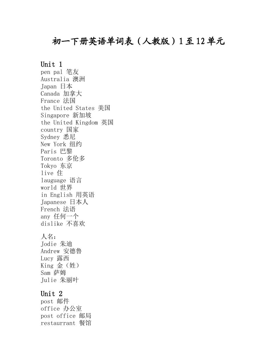 初一下册英语单词表(人教版)1至12单元_第1页