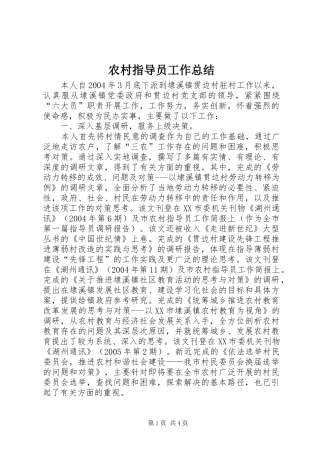 农村指导员工作总结 