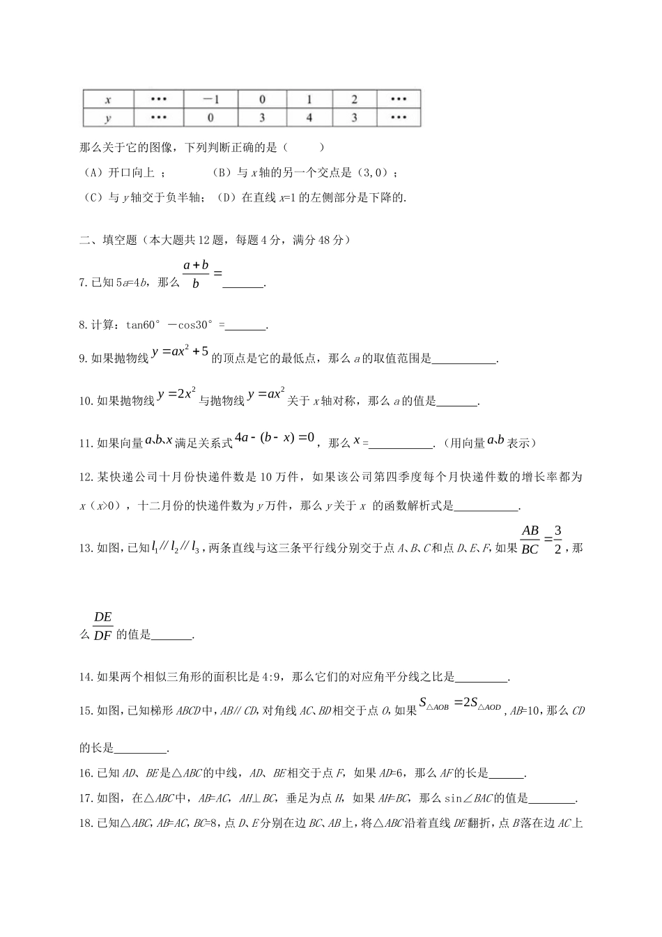 九年级数学上学期质量调研测试(一模)试卷 沪科版试卷_第2页