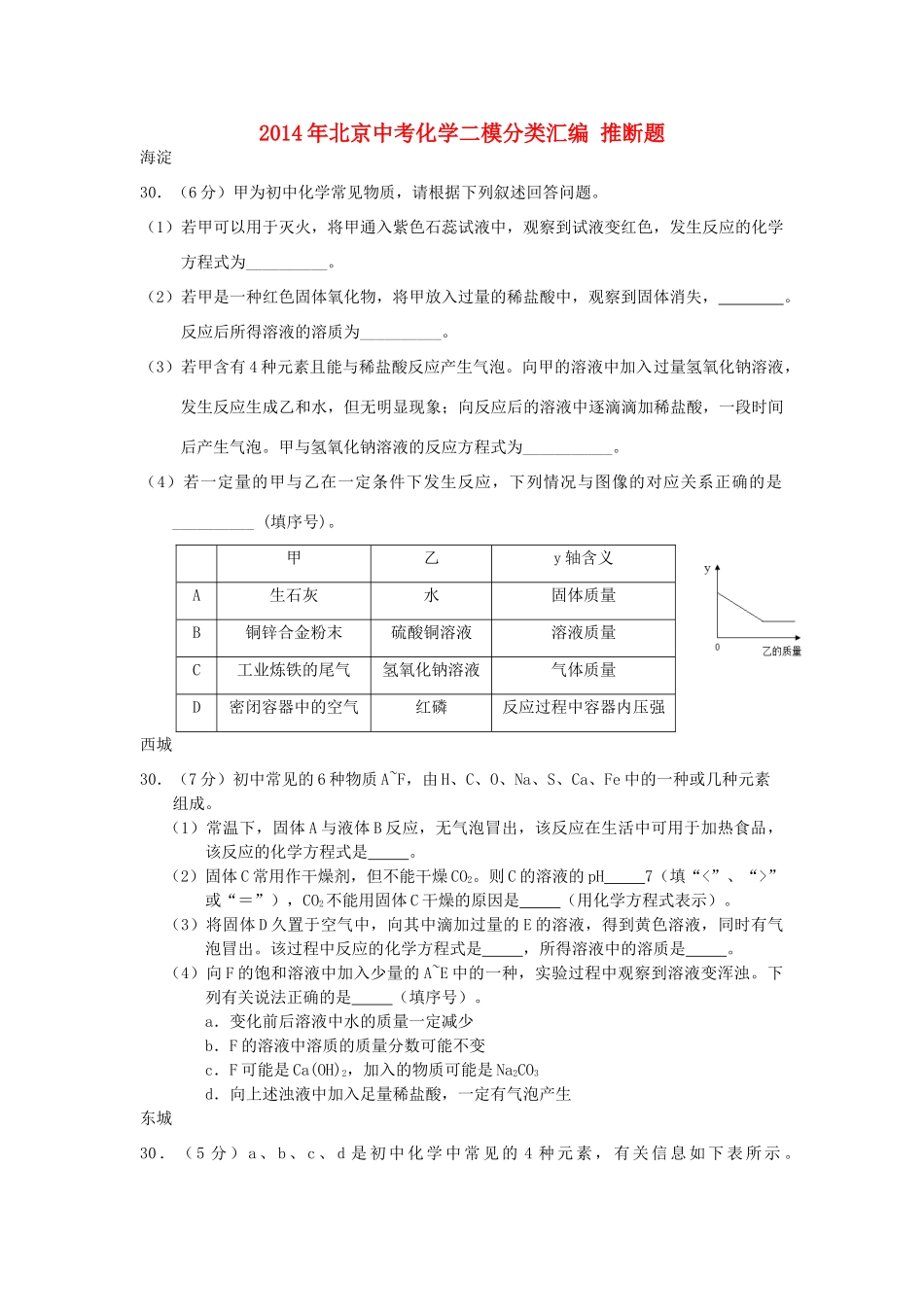 北京中考化学二模分类汇编 推断题(无答案) 试题_第1页
