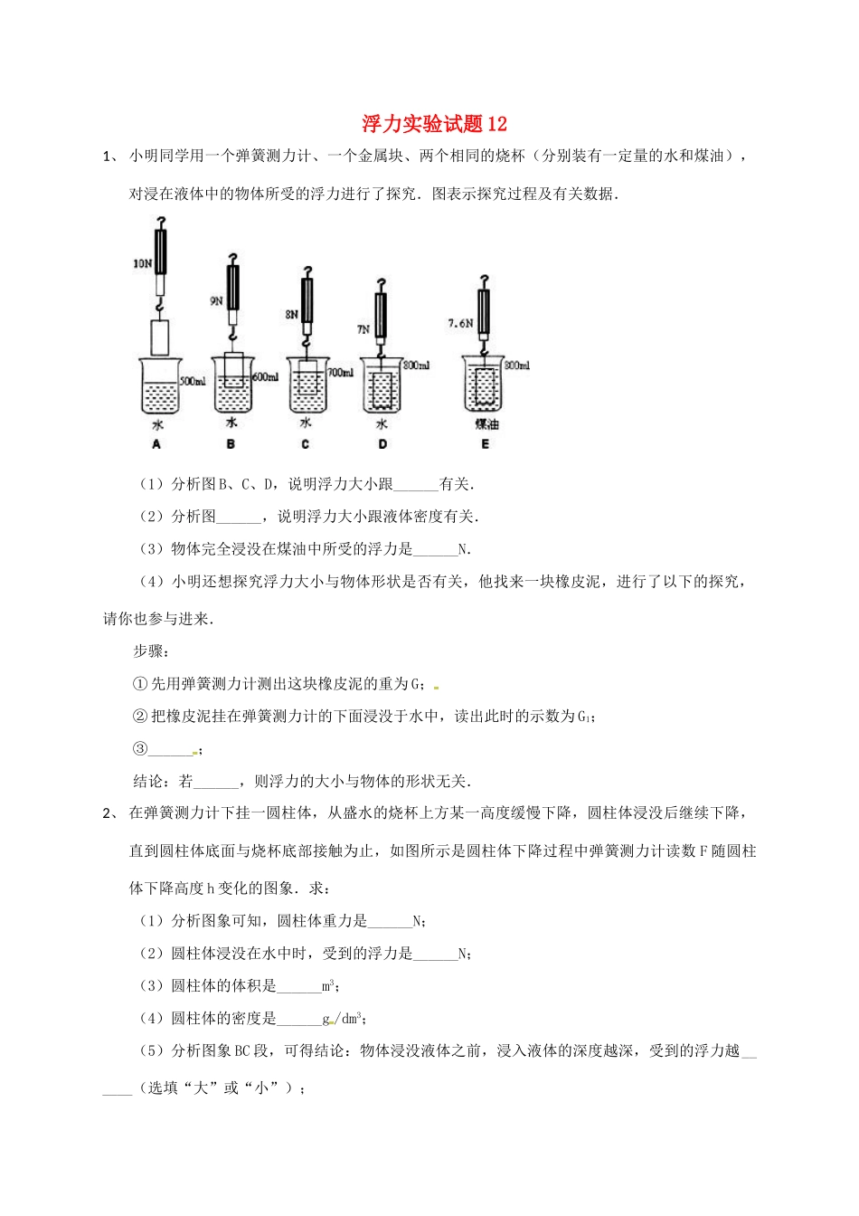 吉林省吉林市中考物理总复习  浮力实验试卷12 新人教版试卷_第1页