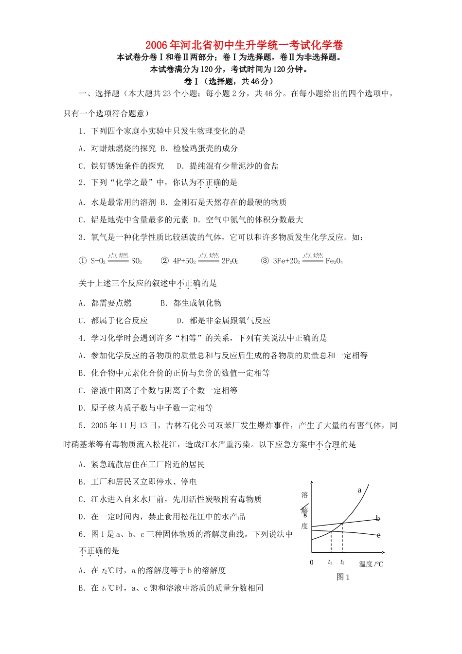 初中生升学统一考试化学卷 人教版 试题_第1页