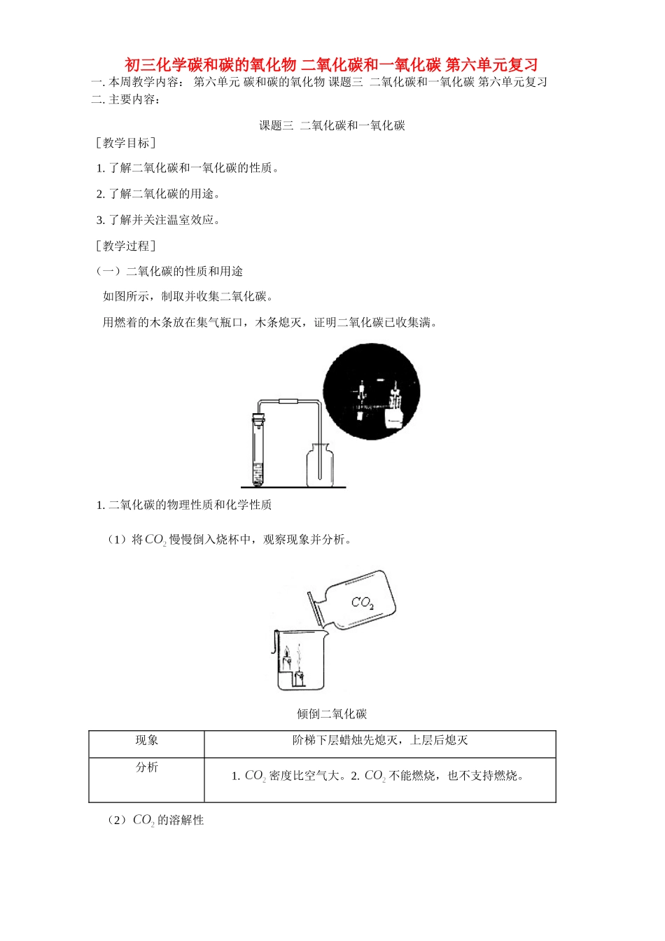 初三化学碳和碳的氧化物 二氧化碳和一氧化碳 第六单元复习 人教实验版 试题_第1页