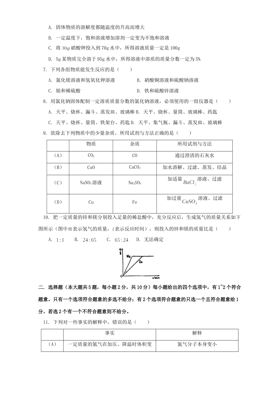 九年级化学第一次质量调查试卷试卷_第2页