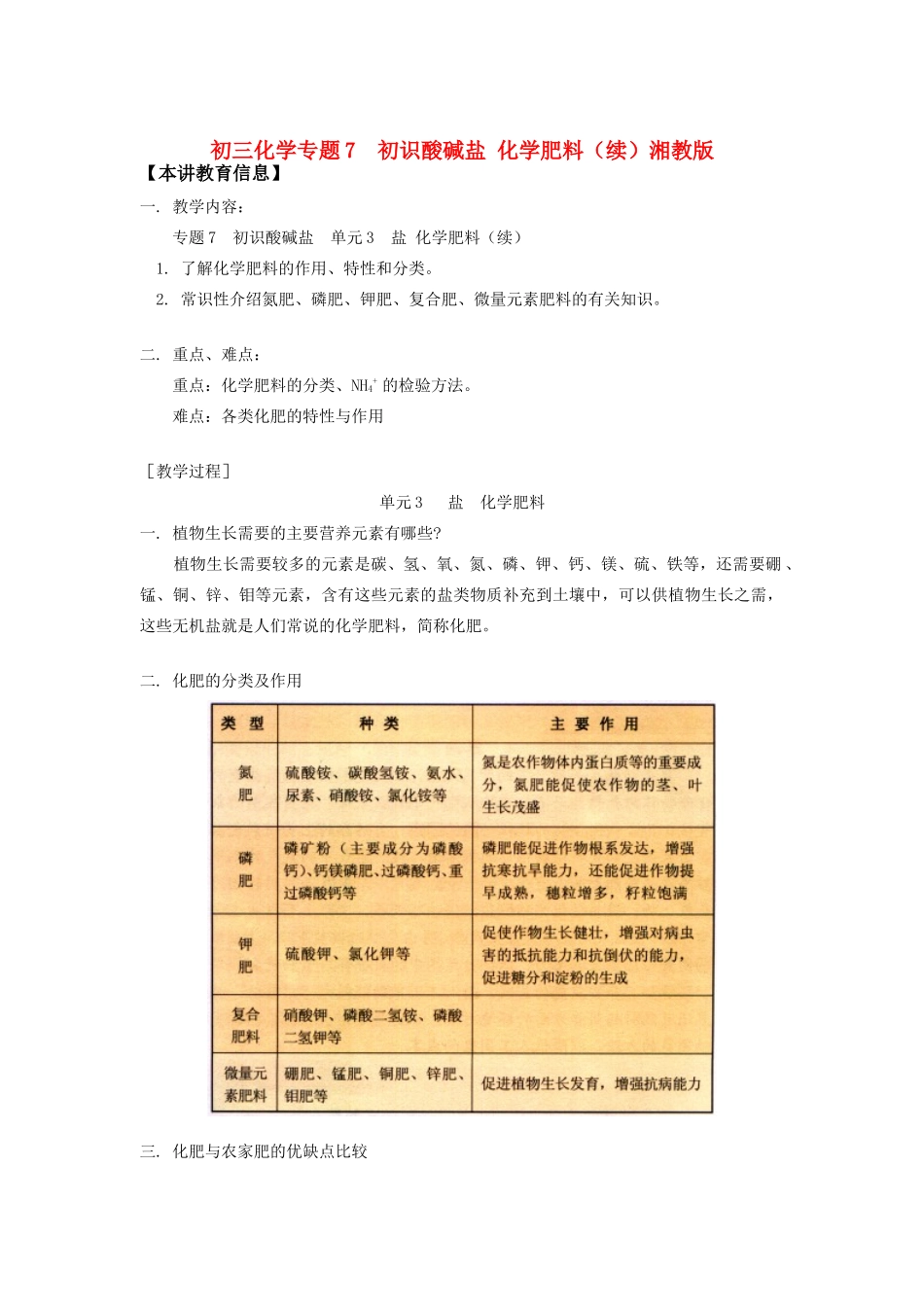 九年级化学专题7  初识酸碱盐 化学肥料(续)湘教版知识精讲试卷_第1页