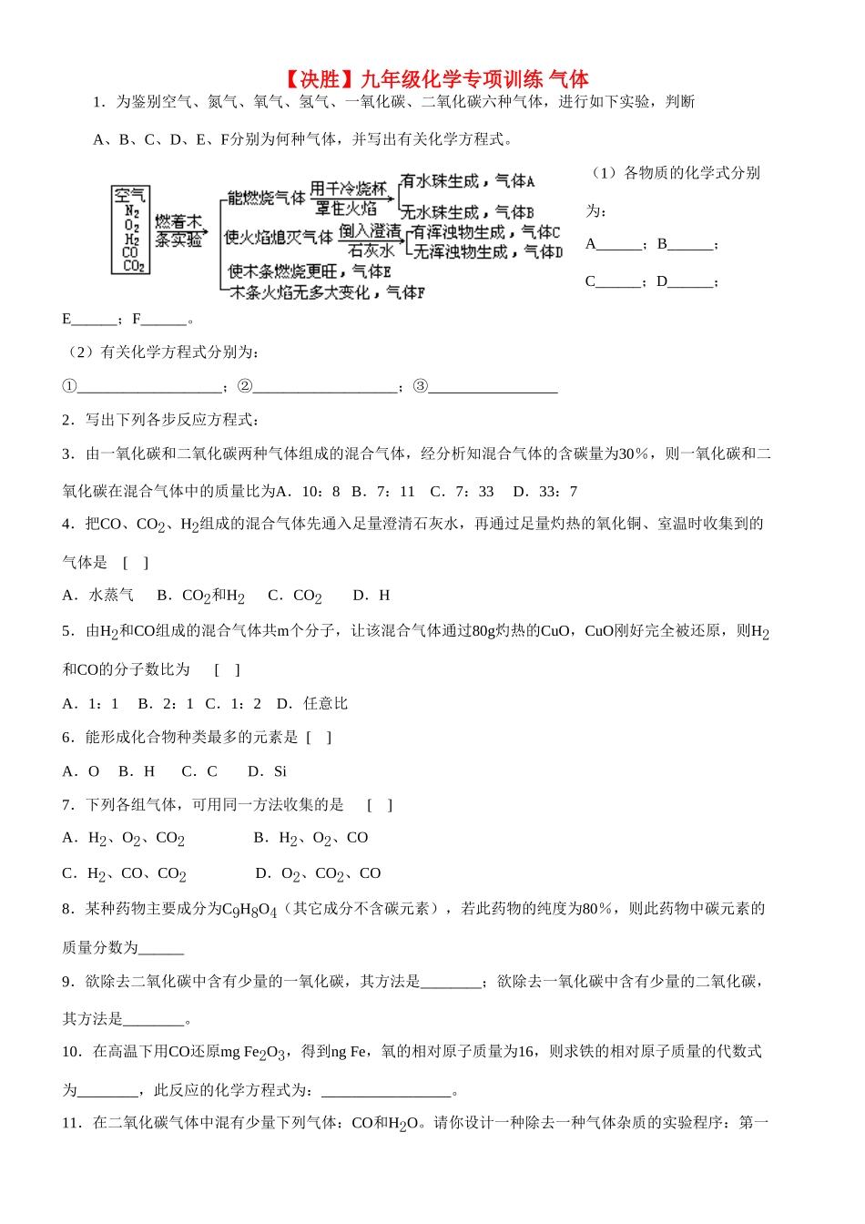 九年级化学专项训练 气体试卷_第1页