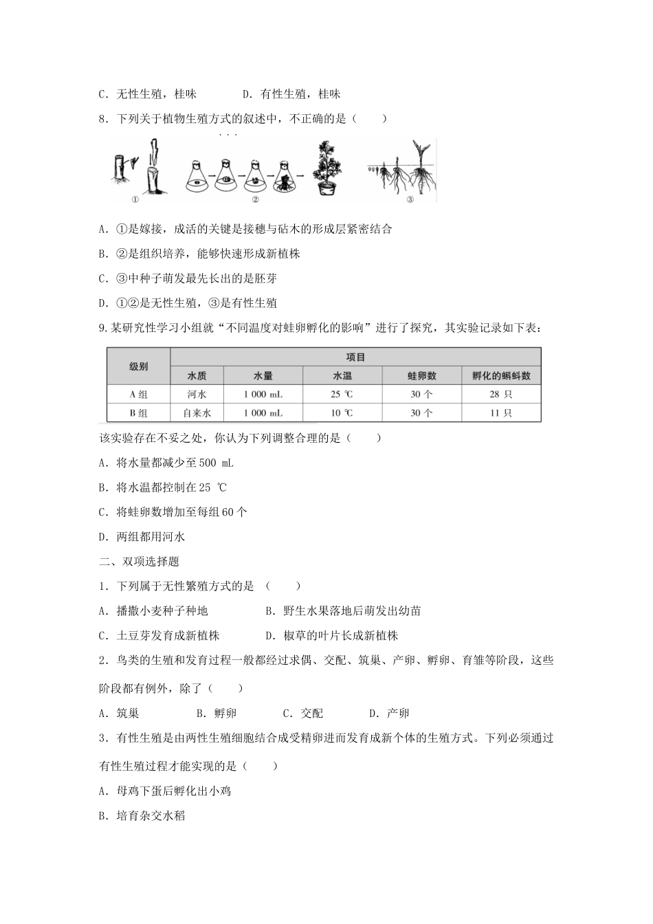 中考生物总复习 第七单元 第一章 生物的生殖和发育典题精炼试卷_第2页