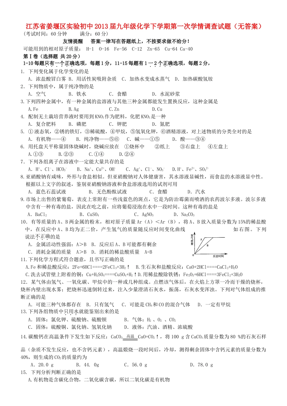 九年级化学下学期第一次学情调查试卷试卷_第1页