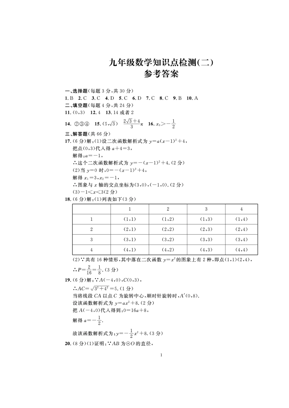 九年级数学上学期期中试卷答案(知识点检测二)(pdf) 浙教版 浙江省湖州市九年级数学上学期期中试卷(知识点检测二) 浙教版_第1页