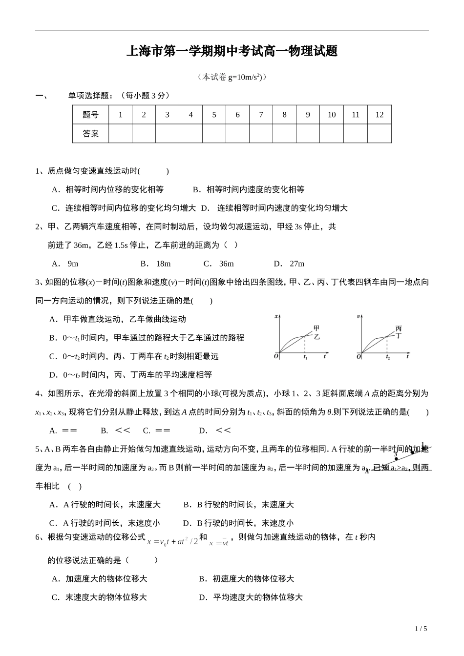 上海市第一学期期中考试高一物理试题_第1页