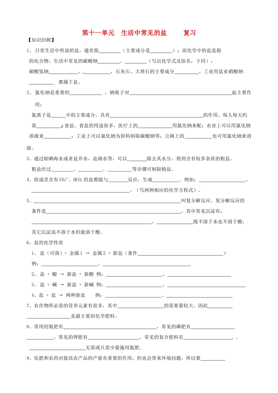 九年级化学下册 第十一单元 生活中常见的盐复习 人教新课标版试卷_第1页